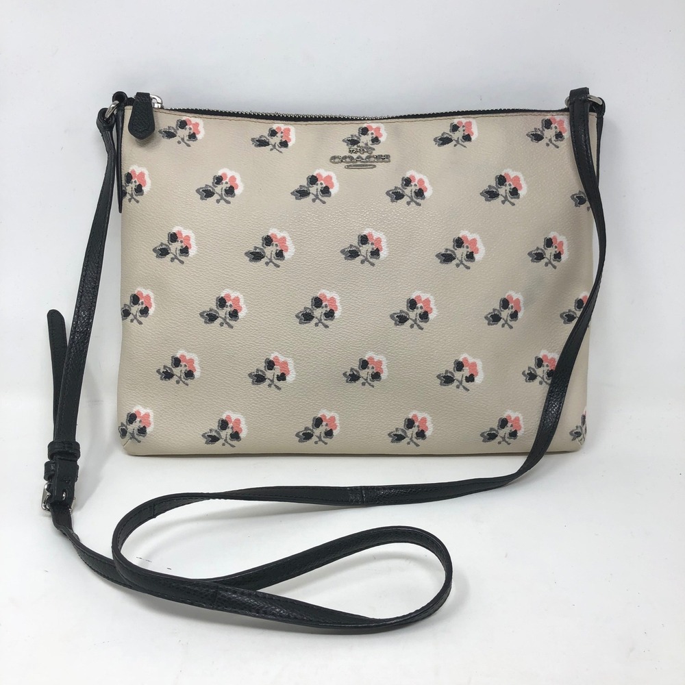 Coach Crossbody Bag Medium Beige Floral Print Leather Adjustable Strap